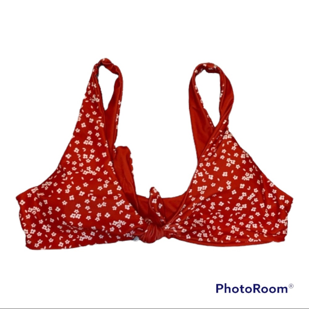 Red Floral Print Tie Front Bikini Top